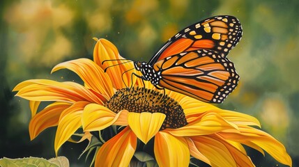 A monarch butterfly is perched on a bright orange flower.

