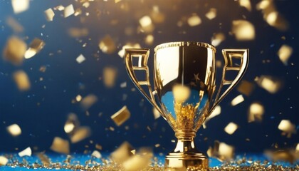 Naklejka premium 'dark golden AI Champion background. blue confetti Generation stars gold trophy cup prize succeed award sport star background reward spark contest victory winner best achieve first c'