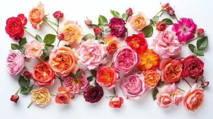 An exquisite arrangement of vibrant English roses set against a pristine white backdrop captures the essence of celebration With a captivating overhead view in a flat lay style this composi