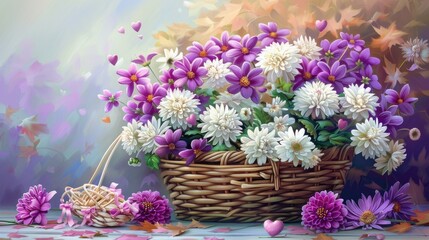 Welcome Wallpapers featuring a charming greeting card adorned with a delightful basket filled with purple orchids white chrysanthemums and sweet hearts perfect for celebrating Anniversaries