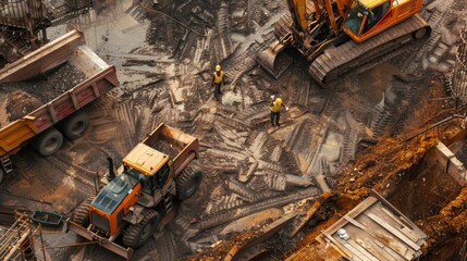 A construction worker directs heavy machinery, managing logistics on a busy site