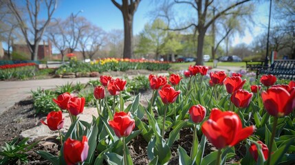 During the blossoming of springtime a vibrant cluster of red tulips adorns the park