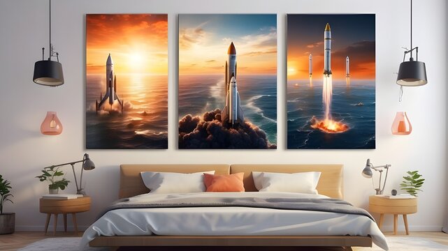 Aerial view, science fiction, Ad Astra, wall art design for home decor, sci-fi rockets launching, spaceships taking off, sunset over the sea, sunrise over the ocean,