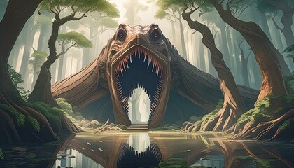 A kingdom entrance made in cave, entrance carved as a long, Giant mouth-wide-opened anaconda head(overall warm, brown and olive color texture) in the middle of sticky swamp.