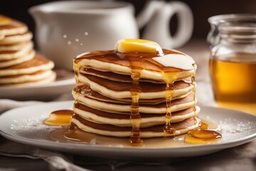 'tasty pancakes honey butter isolated white appetising baked bakery breakfast cake calorie closeup colours cooked cookery culinary delicious dessert eat food fresh gold epicure homemade hot meal'