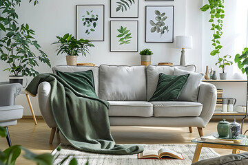 Real photo of grey sofa with green cushion and blanket standing in white living room interior with simple posters, fresh plants, armchair and wooden coffee table with open book and tea mug