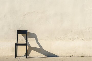 Una silla negra resalta ante una pared beige, creando un juego visual con su sombra alargada
