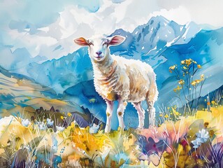 Watercolor hand drawn sheep in beautiful mountains, bright pastel colors, serene nature scene - obrazy, fototapety, plakaty