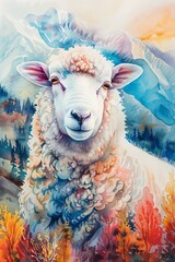 Hand drawn watercolor of a charming and happy sheep among scenic mountains, bright pastels, serene and vibrant - obrazy, fototapety, plakaty