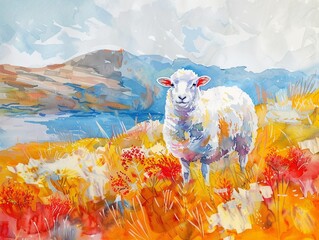 Bright pastel watercolor, adorable sheep in the mountains, serene, vibrant, hand drawn nature scene - obrazy, fototapety, plakaty