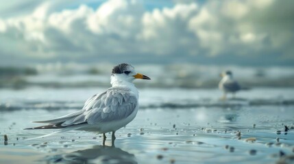 Fototapeta premium Fairy Tern young bird standing on a coastal flat with an adult bird in the distance