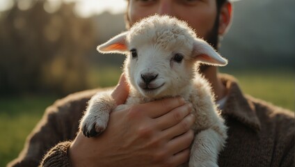 a man holding a cute lamb