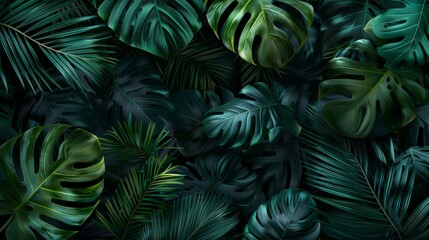 Dark green tropical leaves panorama, nature background for social media, Instagram, Facebook, banners. Generative AI hyper realistic 
