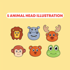 set icon head cute animal cartoon hippo,monkey,lion,frog,deer,bear head vector illustration. animal head concept. flat style cute