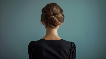 A beautiful woman with long brown hair, standing elegantly, gazing back, exuding charm and allure in a London studio portrait