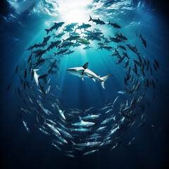 sharks in the water, School Of Fish.Sharks swim in a circle stock photo