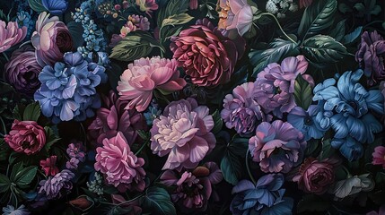 A painting of various flowers against a dark background. Some of the flowers include pink and white roses, blue irises, and white lilies.

