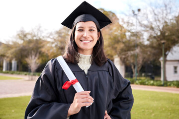 Portrait, girl and student with graduation, outdoor and degree with education, university and...