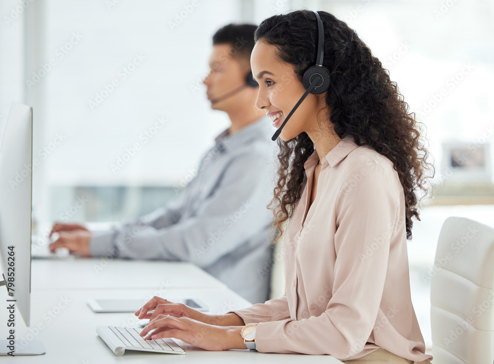 Canvas Prints Call center, computer and happy consultant woman in telemarketing office for online assistance or help. Contact us, desk and microphone with smile of agent in crm workplace for customer support