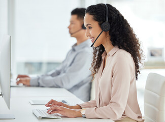Call center, computer and happy consultant woman in telemarketing office for online assistance or...
