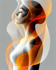 Naklejka premium A woman with a serene expression is surrounded by orange and white swirls