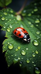 Closeup of a ladybug crawling on a vibrant green leaf, dew drops visible, natural environment, focus on the red and black spotted insect
