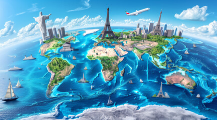 A world map depicts famous landmarks from around the globe