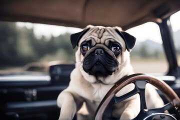 'pug driving dog animal cute pet puppy breed canino isolated portrait bulldog white adorable small sad face purebred friends tongue christmas black'