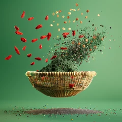 Fotobehang A floating basket of superfoods—spirulina powder, chia seeds, and goji berries—hovering against a vibrant green background in clay 3D model style.  © Aleksandra