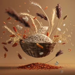 Fotobehang A floating basket of whole grains—quinoa, brown rice, and barley—suspended mid-air, set against an earthy-toned background in clay 3D model style.  © Aleksandra