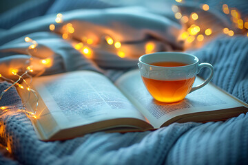 Open book with folded sheets in heart shape and cup of tea in bed with Christmas lights closeup....