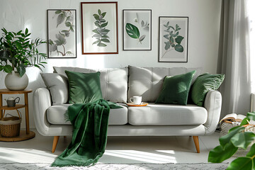 Real photo of grey sofa with green cushion and blanket standing in white living room interior with simple posters, fresh plants, armchair and wooden coffee table with open book and tea mug