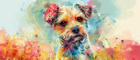 Fotobehang Hand drawn watercolor of a charming dog with flowers on its head, in a field, bright pastels, serene and vibrant © Thanadol
