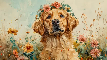 Fotobehang Serene scene of a dog wearing a flower wreath, amidst vibrant field flowers, bright pastel watercolor, hand drawn © Thanadol