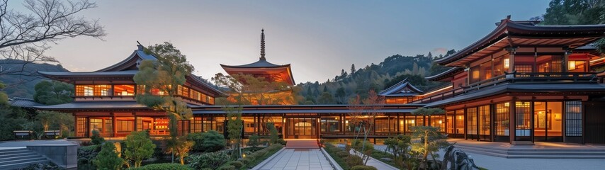 Fototapeta premium Traditional Asian townscape with ancient temples and red rooftops, blending Chinese and Japanese architecture in Beijing Explore its rich history and cultural heritage