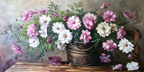 oil painting of still life with bucket full of cosmos flowers, generative AI