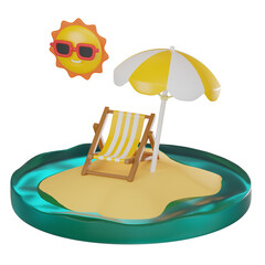 Tropical Escape of Island Beach with Chair, Umbrella, and Sun. 3D Render