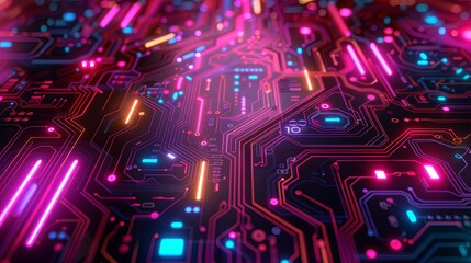Vibrant digital circuit board with glowing neon lights and connection lines.