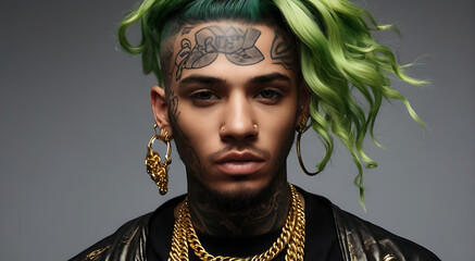 A rapper's portrait with face tattoos and gold chains, Neon green hair and clothing on dark background with copy space and isolation, isolated