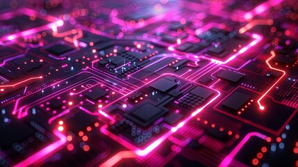 Vibrant digital circuit board with glowing neon lights and connection lines. - obrazy, fototapety, plakaty