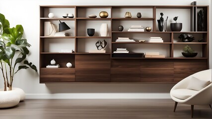  A sleek and modern walnut bookshelf against a white wall 