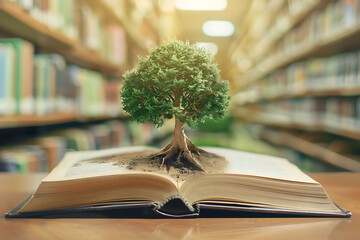 World philosophy day concept with tree of knowledge planting on opening old big book in library...
