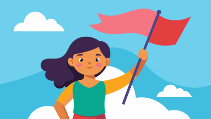 A young girl proudly holding onto the flag as it is being raised representing the hope and promise of a better future.. Vector illustration