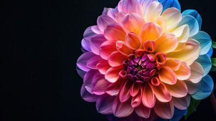 The image is of a rainbow dahlia flower in full bloom against a black background.

