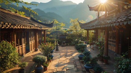 Buddhist temple nestled in Chinese mountain scenery, bathed in morning light, blending ancient architecture with lush gardens and cultural heritage, under an Eastern 