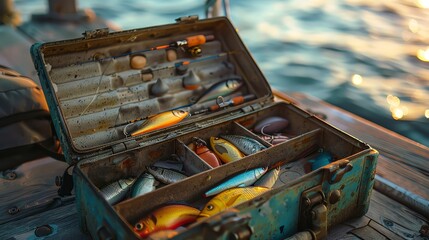 Close-up of a tackle box open on a dock, filled with an assortment of fishing lures and baits, ready for a day of fishing - obrazy, fototapety, plakaty
