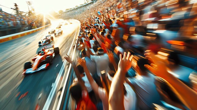 Close-up of enthusiastic spectators at a motorsport event, cheering and waving as their favorite driver passes by in a blur of speed