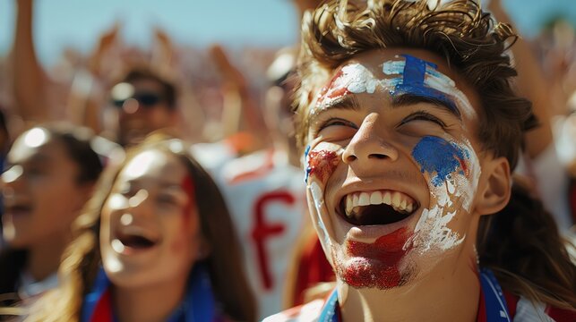 Close-up of enthusiastic fans cheering, faces painted in team colors, with the football field in the background