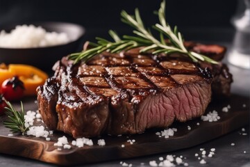 'grilled ribeye beef steak rosemary salt meat food medium sirloin fork bar-b-q meal beefsteak herb dinner cooked tenderloin juicy spice grill protein roasted black roast epicure cow eatery garnish'