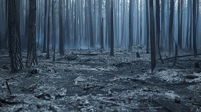 Devastating Aftermath of a Wildfire: Charred Trees and Ash-Covered Ground in Once Lush Forest